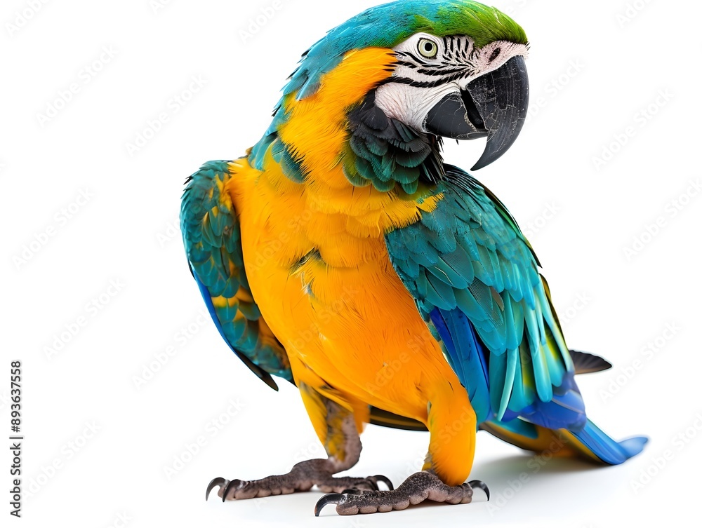 Fototapeta premium Vibrant Parrot Perched with Wings Open on White Background