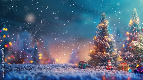 Christmas background with Christmas trees and toys, snow falling, blue sky with stars