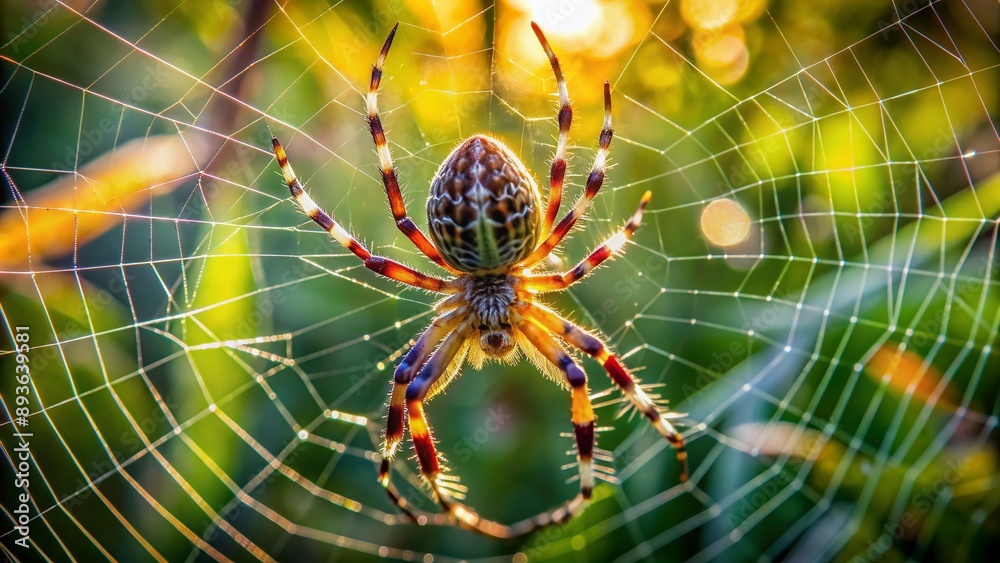 Obraz premium Vibrant close-up captures mesmerizing detail of a garden spider intricately weaving its ornate web, showcasing the arachnid's remarkable artistry and engineering prowess in natural light.