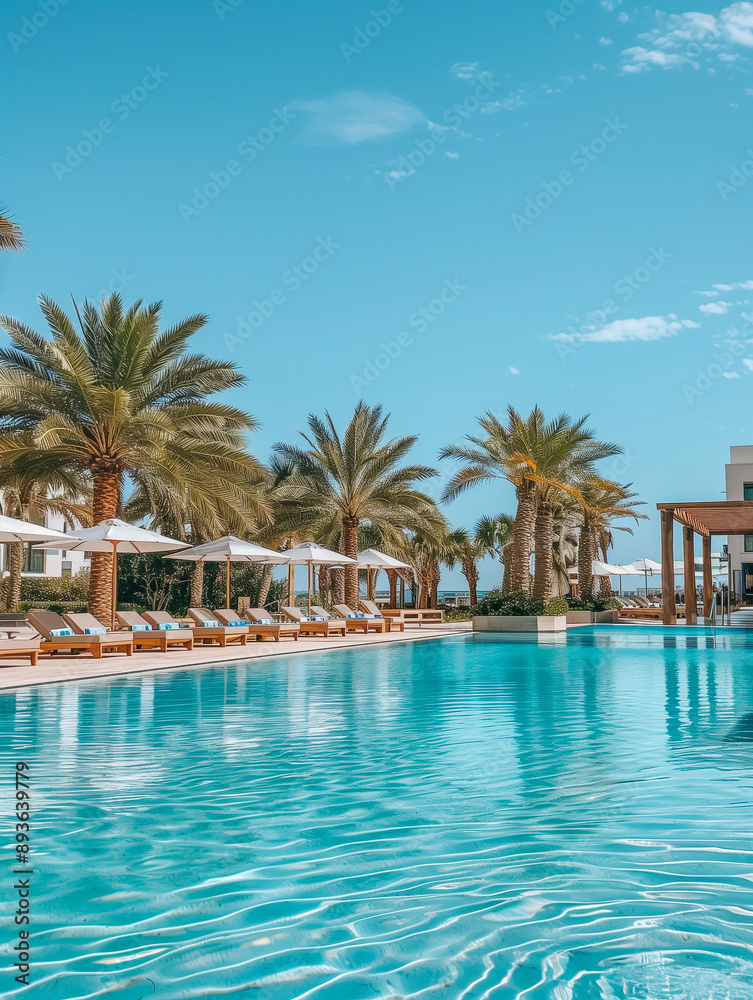 Luxury hotel poolside with palm trees and sun loungers Luxury hotel poolside with palm trees and sun loungers