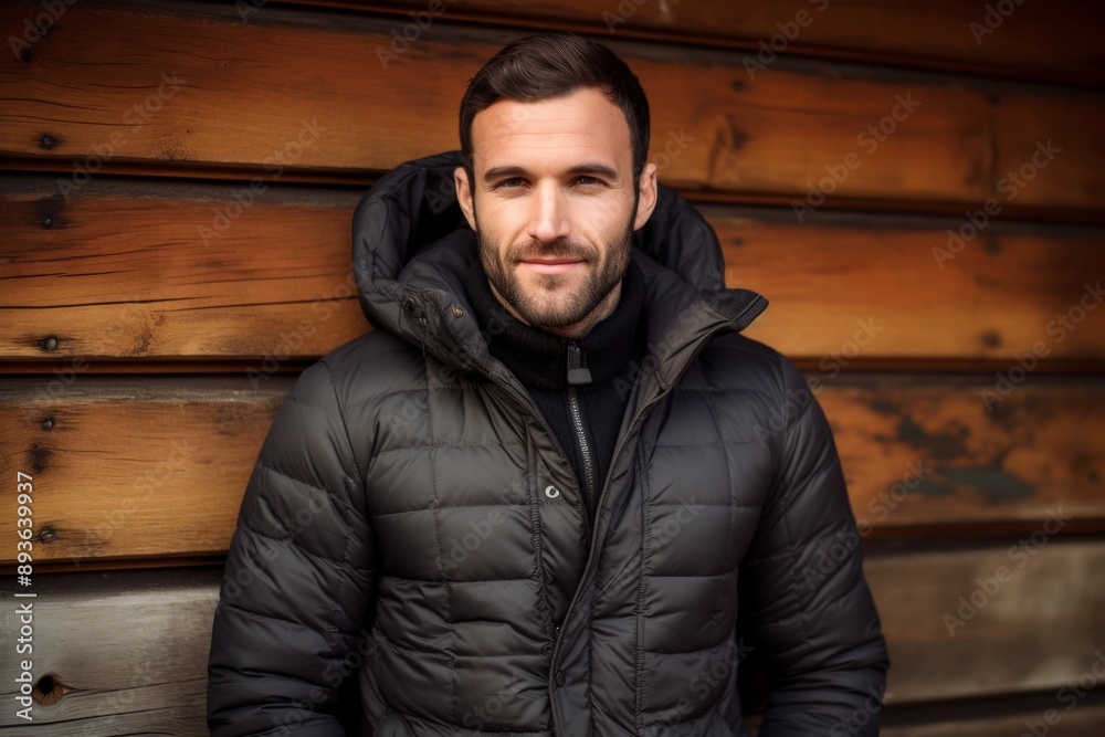 Portrait of a tender man in his 30s sporting a quilted insulated jacket while standing against rustic wooden wall Portrait of a tender man in his 30s sporting a quilted insulated jacket while standing against rustic wooden wall