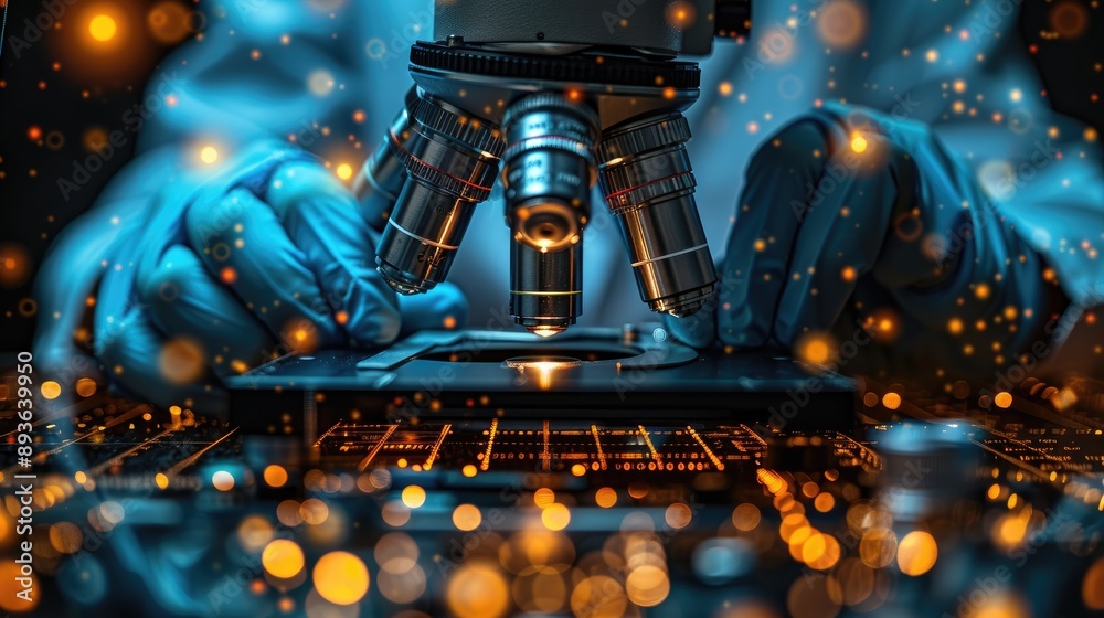 Scientist using a microscope to examine samples in the laboratory with colorful bokeh lights in the background, representing scientific research.