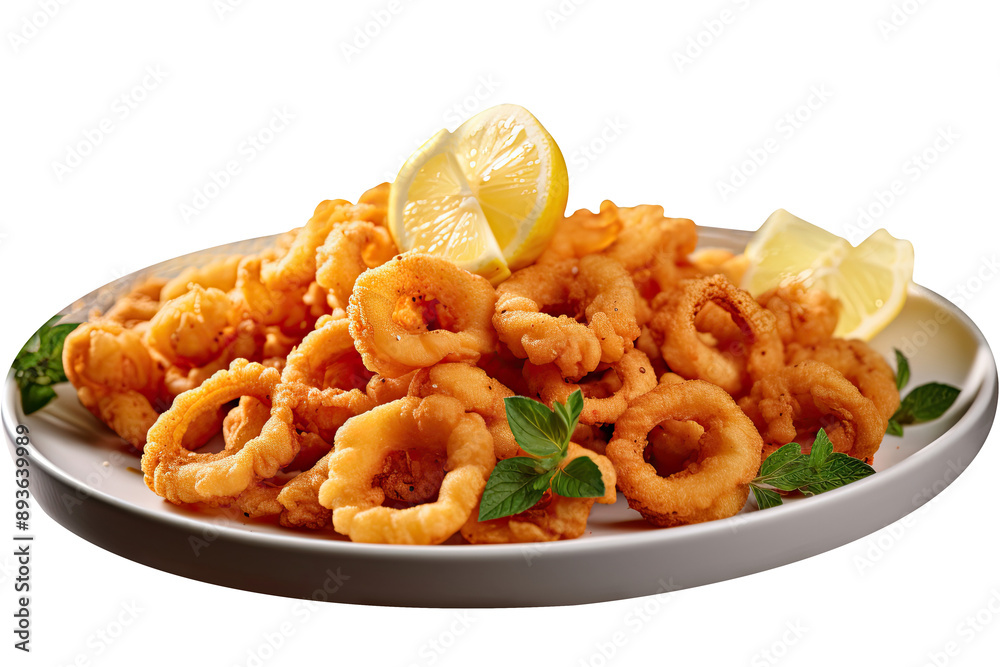 A Delicious Dish Plate Filled with Golden Fried Crispy Squid Served with Lemon. Ready to Eaten. A Delicious Dish Plate Filled with Golden Fried Crispy Squid Served with Lemon. Ready to Eaten.