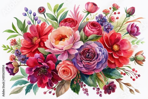 Vibrant bouquet of watercolor flowers in varying shades of red, purple, and pink, delicately arranged in a loose, organic composition, emitting soft elegance.