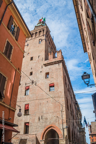 Corner street with buildings and Accursi tower of Accursio palace, Bologna ITALY photo