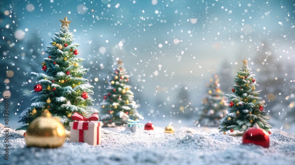 3d rendering of Christmas trees with snow and decoration on blue background. 3d rendering of Christmas trees with snow and decoration on blue background.