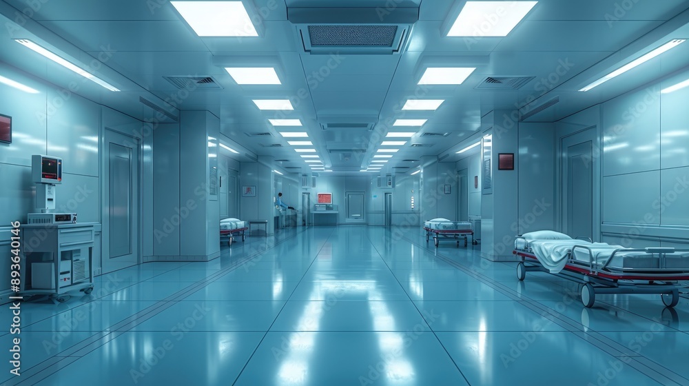 Spacious, modern hospital corridor with empty patient beds and medical equipment, illuminated by bright ceiling lights. Spacious, modern hospital corridor with empty patient beds and medical equipment, illuminated by bright ceiling lights.