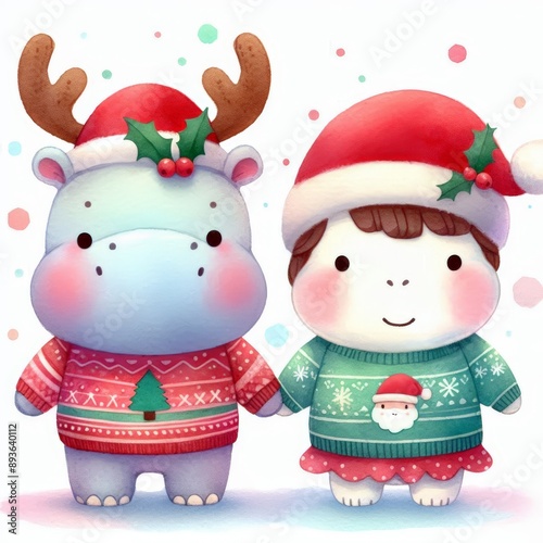 Cute cartoon hippos dressed in festive Christmas sweaters and hats.  Perfect for holiday cards, social media, and more.