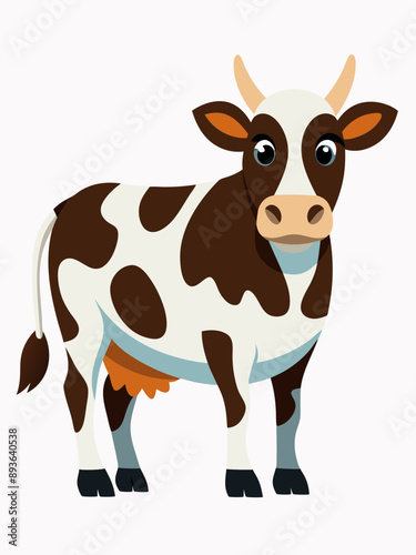 A large cartoon white and brown cow standing on four legs