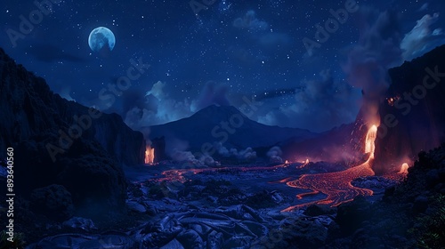 the volcano spews hot lava at night