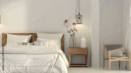 Blank wall in stylish bright bedroom with flower vase on wooden nightstand, king bed with striped bedding, and rattan chair