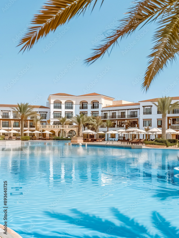 Luxury hotel poolside with palm trees and sun loungers