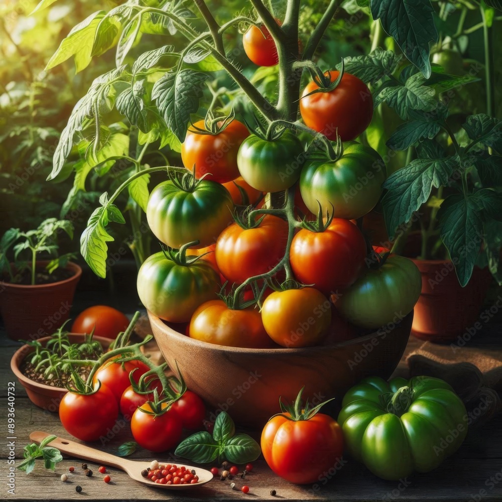 Lush plant with fresh organic tomatoes ready for harvest