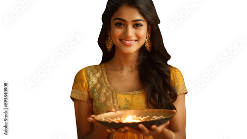 Beautiful Smiling Indian Young Woman Wearing Traditional Grab In Kurti and Holding a Plated full of Diya. A Fictitious Character Created By Generative AI. photo