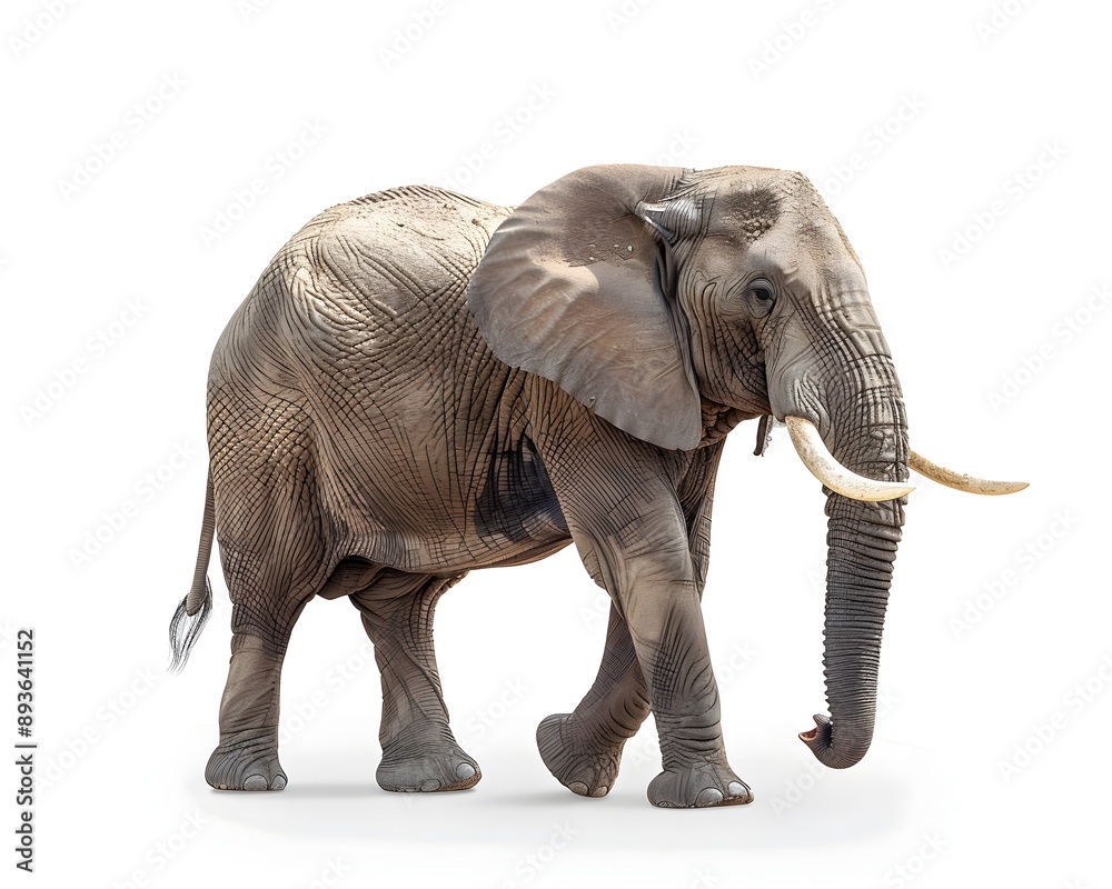 Majestic Elephant with Tusks Stands Tall on White Background Majestic Elephant with Tusks Stands Tall on White Background