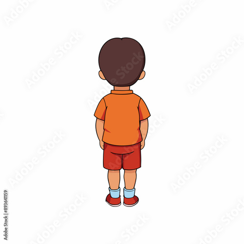 The little boy stands with his back to the viewer