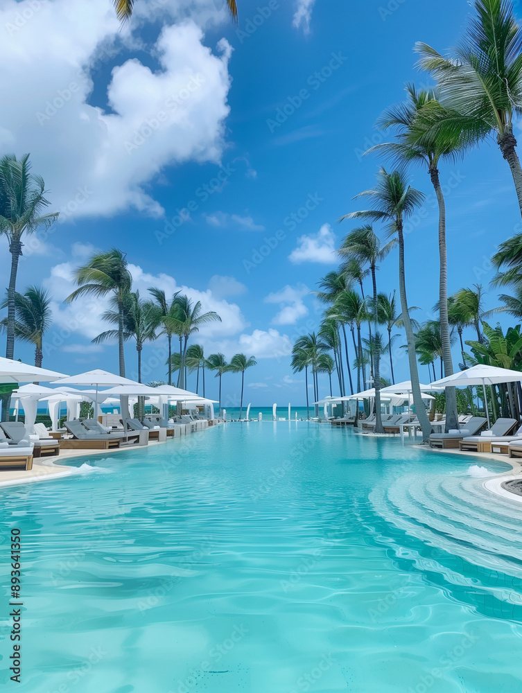 Obraz premium Luxury hotel poolside with palm trees and sun loungers