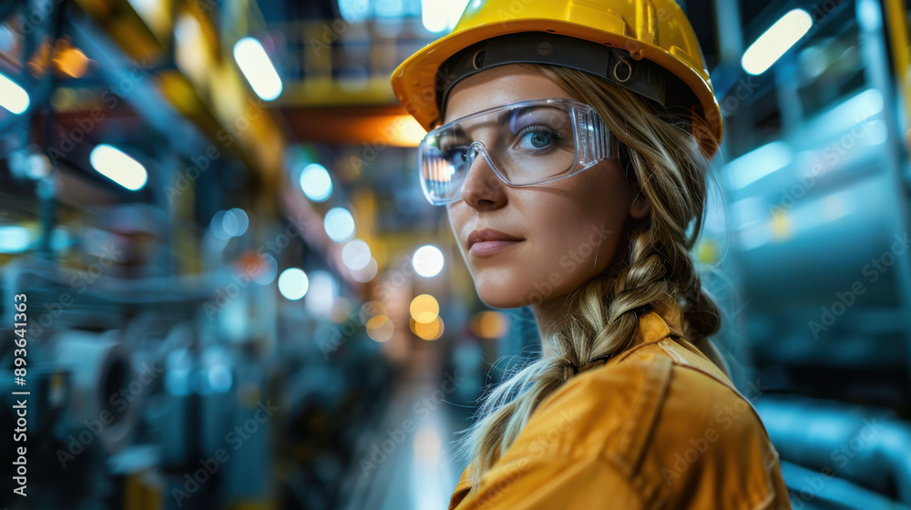 Portrait of a female engineer wearing safety gear in a brightly lit industrial environment, showcasing modern engineering and safety practices.