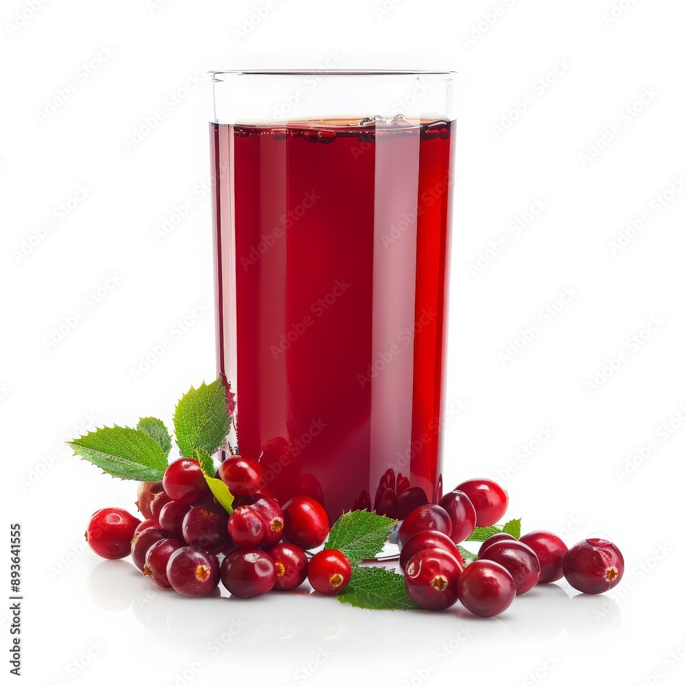 A glass of cranberry juice and fresh cranberries on a white background A glass of cranberry juice and fresh cranberries on a white background