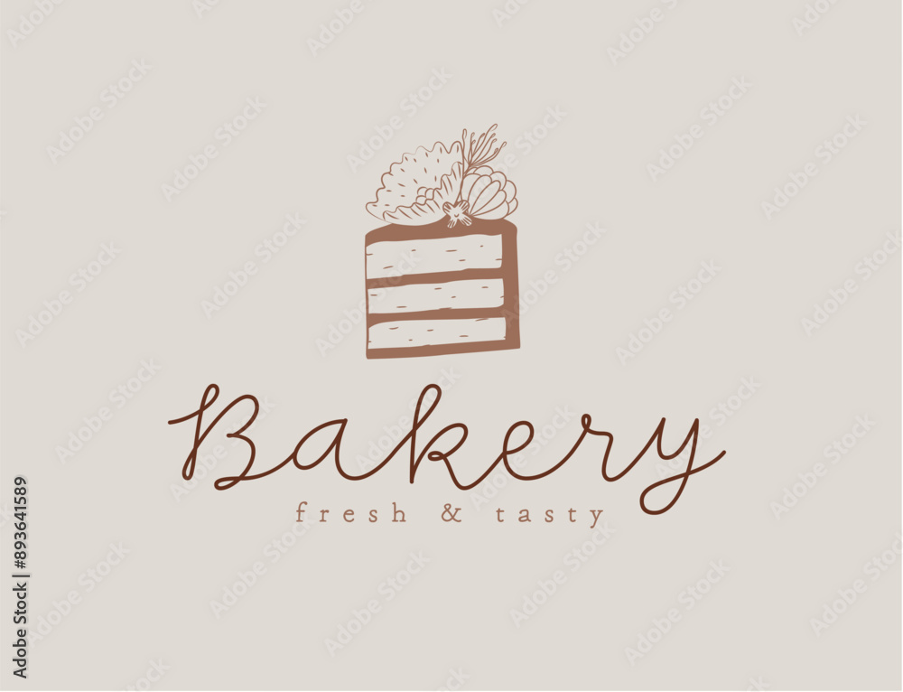 Cake with flowers lettering bakery fresh and tasty drawing on beige background.