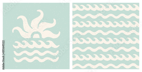 Sea sunset print and waves pattern. Pastel blue coastal holiday design. Vintage summer surf aesthetic cut out collage.