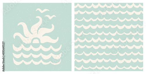 Sea sunset print and ocean waves pattern. Pastel blue cream coastal holiday cut out design. Vintage summer surf collage.