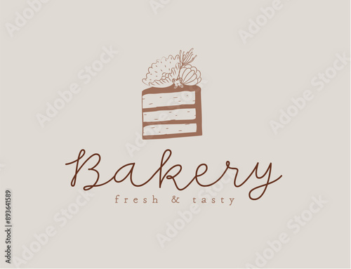 Obraz na płótnie Cake with flowers lettering bakery fresh and tasty drawing on beige background. w salonie
