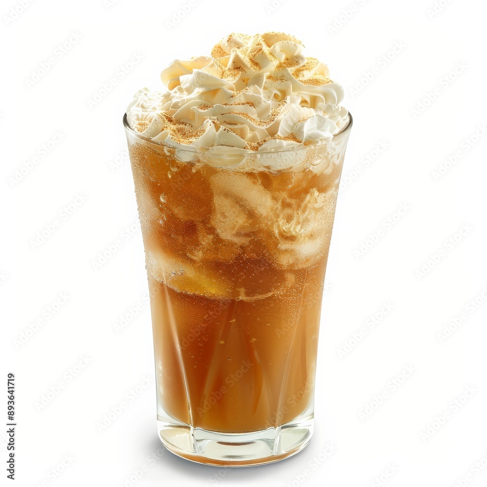 A tall glass filled with a brown, bubbly beverage topped with whipped cream A tall glass filled with a brown, bubbly beverage topped with whipped cream