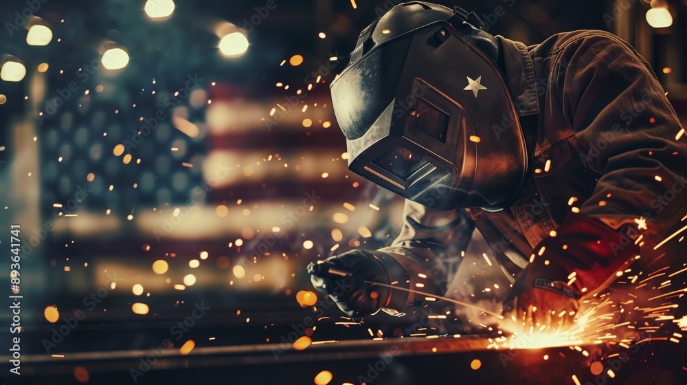 a welder in action, sparks flying, with an American flag prominently displayed in the background. a welder in action, sparks flying, with an American flag prominently displayed in the background.