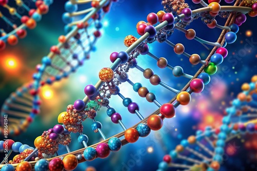 Colorful microscopic illustration of a DNA double helix model, showcasing twisted ladder-like structure with nucleotide bases, hydrogen bonds, and phosphate backbones in high detail. photo