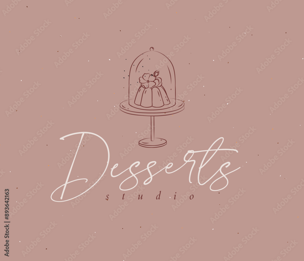 Cakes on a stand with flowers lettering desserts studio drawing on peach color background.