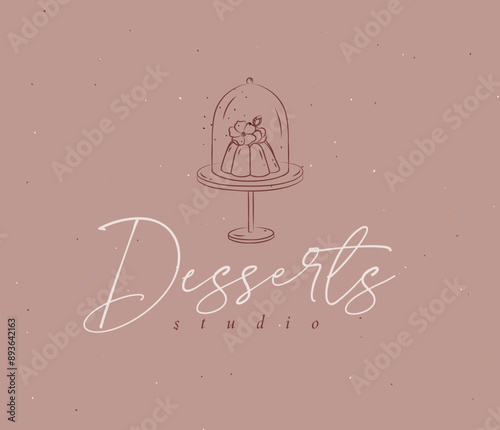 Obraz na płótnie Cakes on a stand with flowers lettering desserts studio drawing on peach color background. w salonie