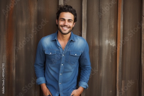 Portrait of a joyful man in his 20s sporting a versatile denim shirt in front of rustic wooden wall