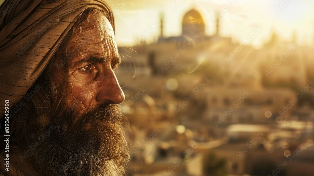 religious prophet looking in profile with israel background religious prophet looking in profile with israel background