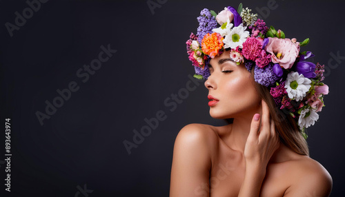 Portrait of a woman wearing a flower headband on dark background with copy space. The flowers are in various colors and are arranged in a way that makes her look beautiful and happy