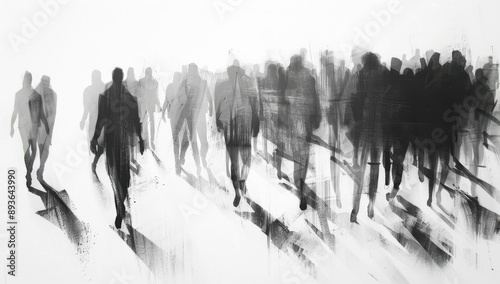 A black and white pencil drawing of an elegant crowd, their silhouettes filled with light against the stark background The strokes capture motion as they move forward in perfect harmony Generative AI