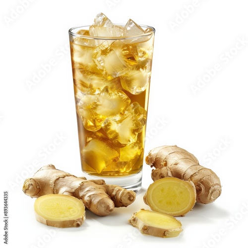 A tall glass of ginger ale filled with ice and surrounded by fresh ginger root slices