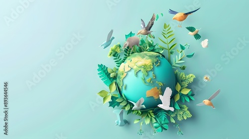 Fototapeta Naklejka Na Ścianę i Meble -  Papercraft Earth with Birds and Plants
