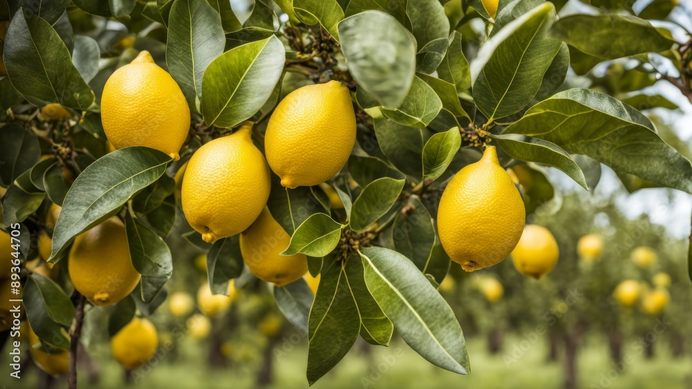 Ripe and juicy lemons on a lemon tree, ready for harvesting Ripe and juicy lemons on a lemon tree, ready for harvesting