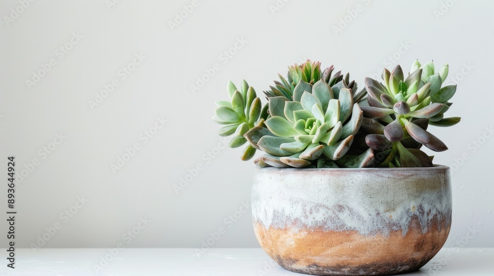 Tiny succulents in small pot on table with white wall background. Simple decor. Tiny succulents in small pot on table with white wall background. Simple decor.