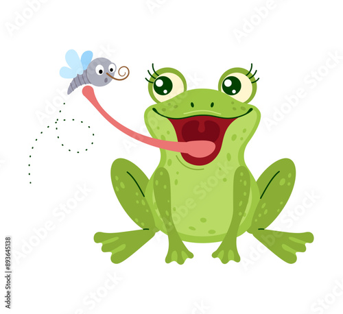 Cute green frog with big eyes and eyelashes catching mosquito with tongue. The little Cartoon frog is sitting. playful animal, nature concept Hand drawn trendy flat style isolated vector illustration