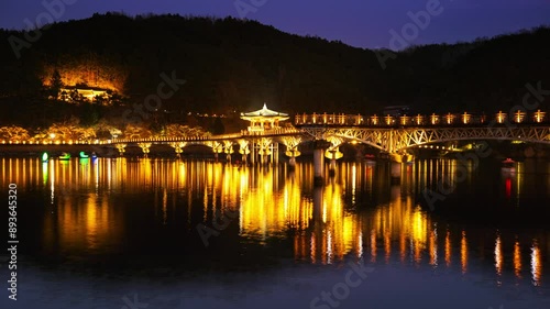 Andong, South Korea. View of the famous Yeongnakgyo bridge in Andong, South Korea. Time-lapse in the evening