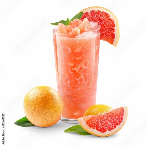 Tall glass filled with pink juice & grapefruit slices