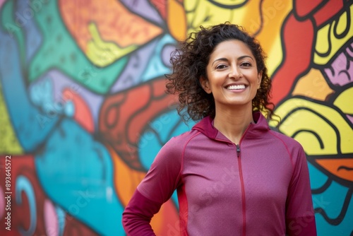 Portrait of a satisfied indian woman in her 40s sporting a breathable mesh jersey in front of colorful graffiti wall © Markus Schröder