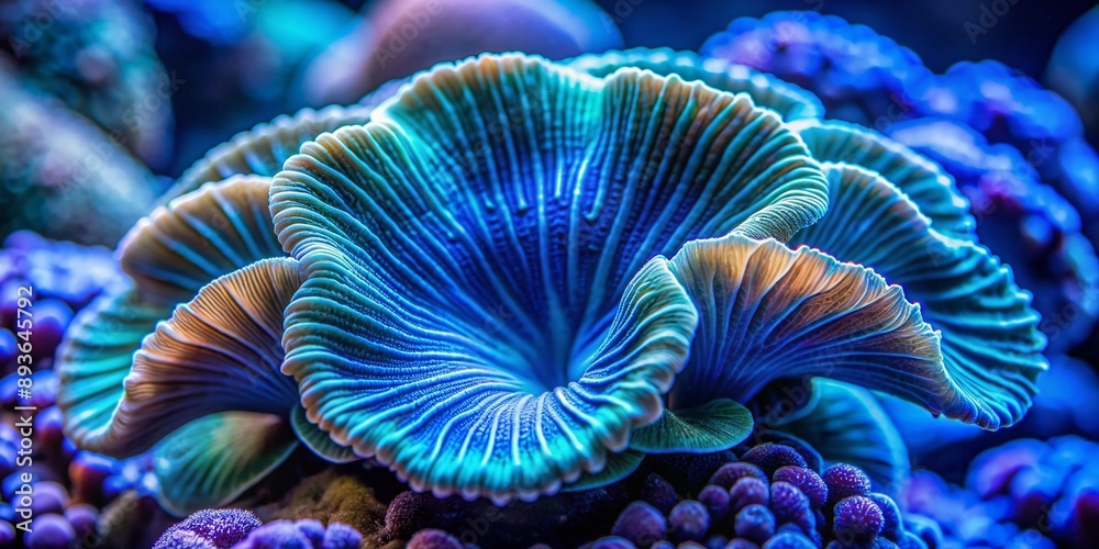 Obraz premium Vibrant blue background highlights a large, intricately detailed mushroom cap with a mesmerizing giant clam-like texture, reminiscent of a beautiful sea shell in this stunning macro shot.