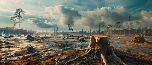 Deforested area with tree stumps and barren land representing deforestation and environmental crisis