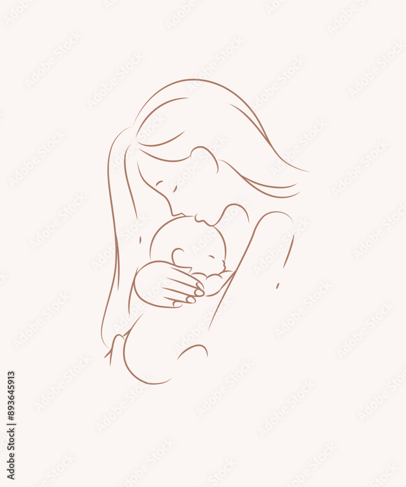 Mother hold and kiss child label drawing on beige background