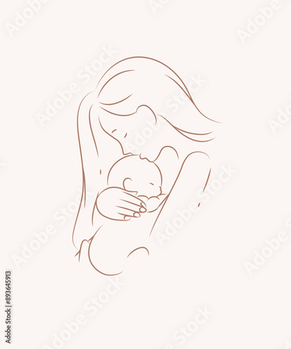 Obraz na płótnie Mother hold and kiss child label drawing on beige background w salonie
