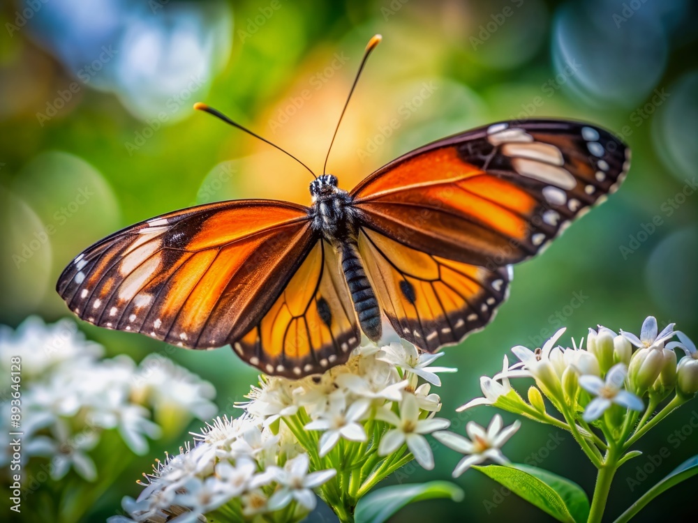 Vibrant orange and black striped butterfly rests on delicate white flower petals, surrounded by soft blur, capturing serene beauty and intricate details in nature. Vibrant orange and black striped butterfly rests on delicate white flower petals, surrounded by soft blur, capturing serene beauty and intricate details in nature.