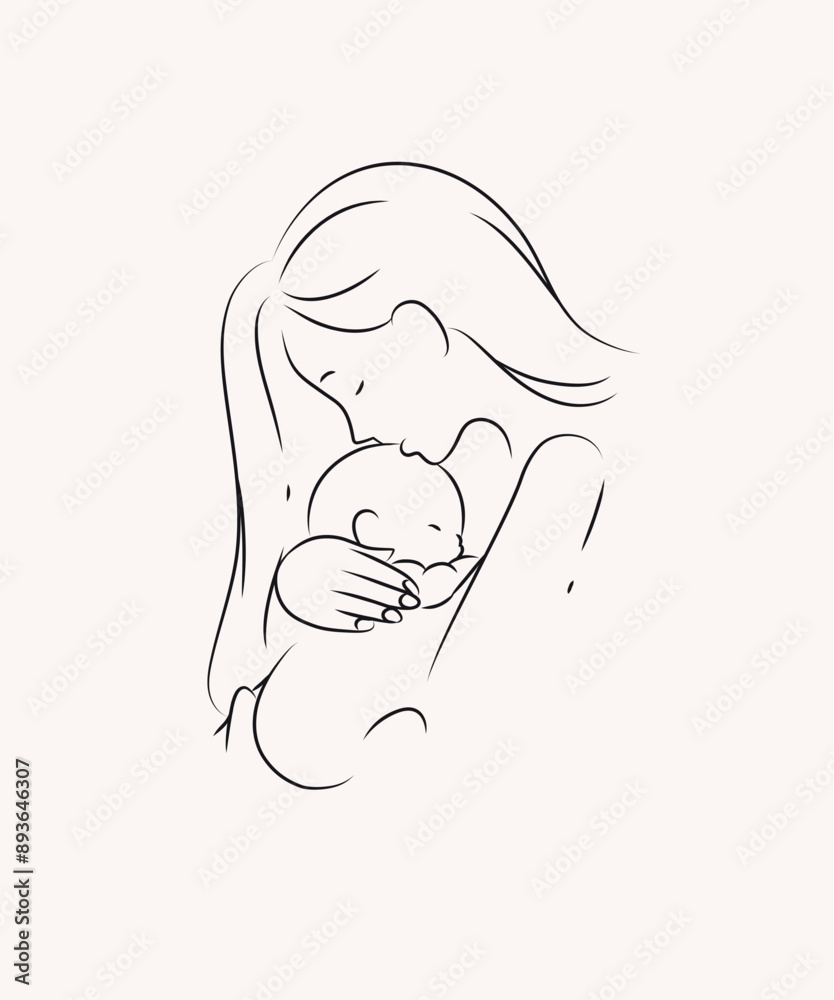 Mother hold and kiss child label drawing on light background